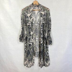 Nic + Zoe Lightweight Geometric Print Open Knit And Open Front Long Cardigan 3X